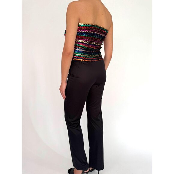 70s vintage black rainbow sequin disco festival strapless tube top pant jumpsuit - Picture 3 of 10